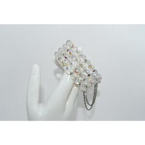 Vintage Czech Crystal Memory Wire Bracelet Clear Fire Polished Beads 4 Row